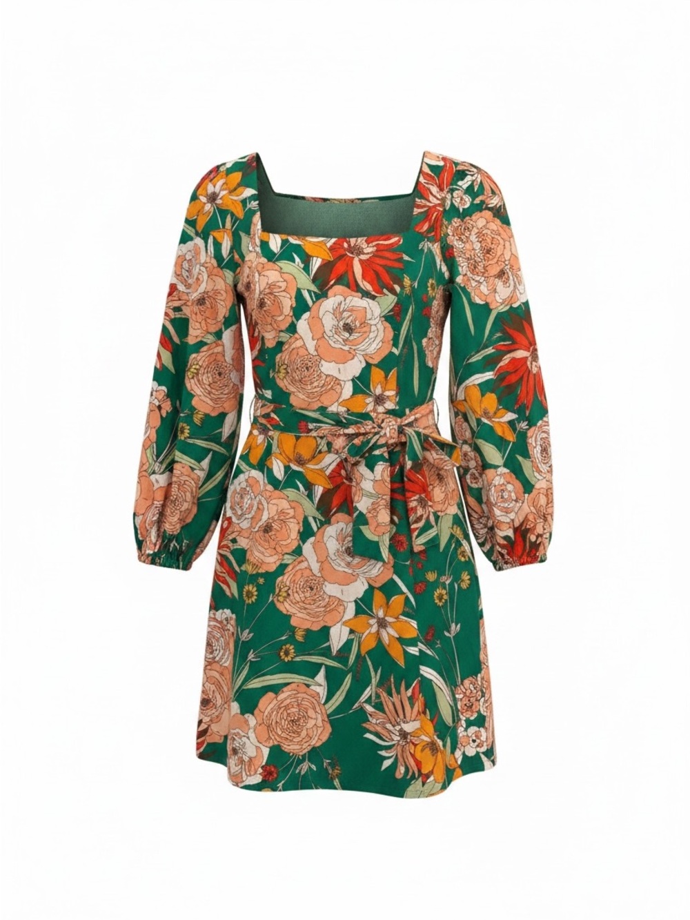 Vince Camuto Linen Blend Floral Square-Neck Wrap Green Dress with Tie Waist Sz 4